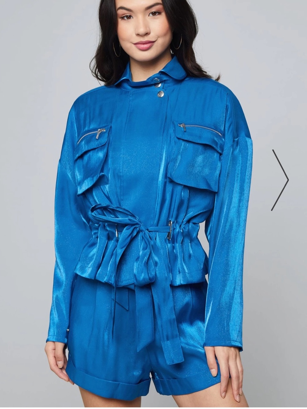 Bebe Electric Cobalt Blue Satin cropped Jacket and shorts set, Small